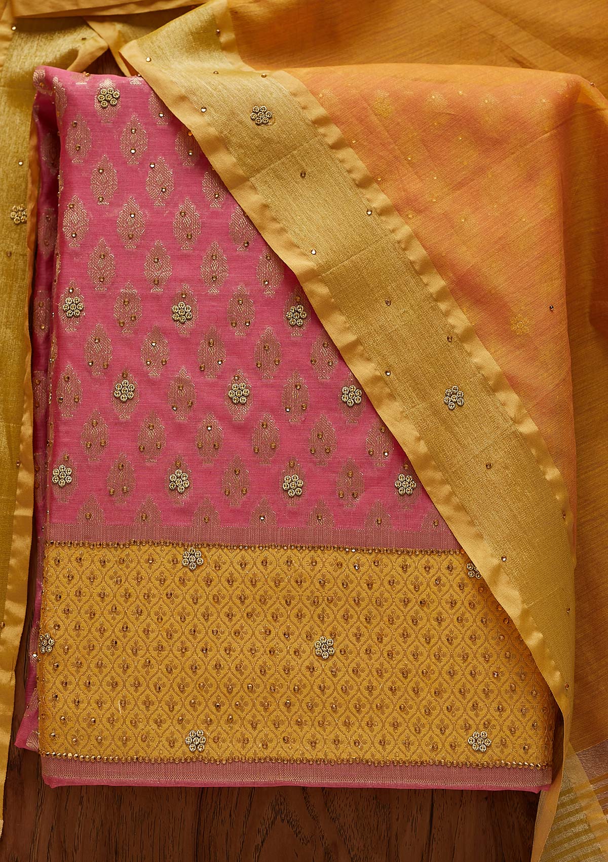 Pink Zariwork Brocade Designer Unstitched Salwar Suit - Koskii
