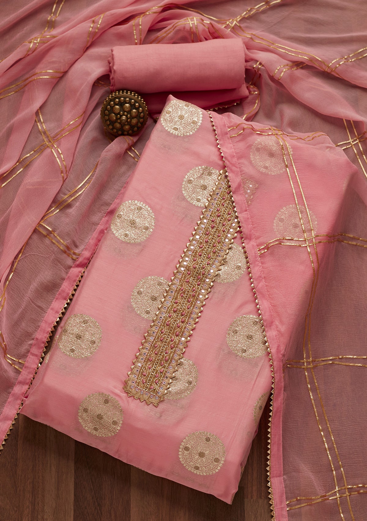 Pink Zariwork Chanderi Unstitched Salwar Suit- Koskii