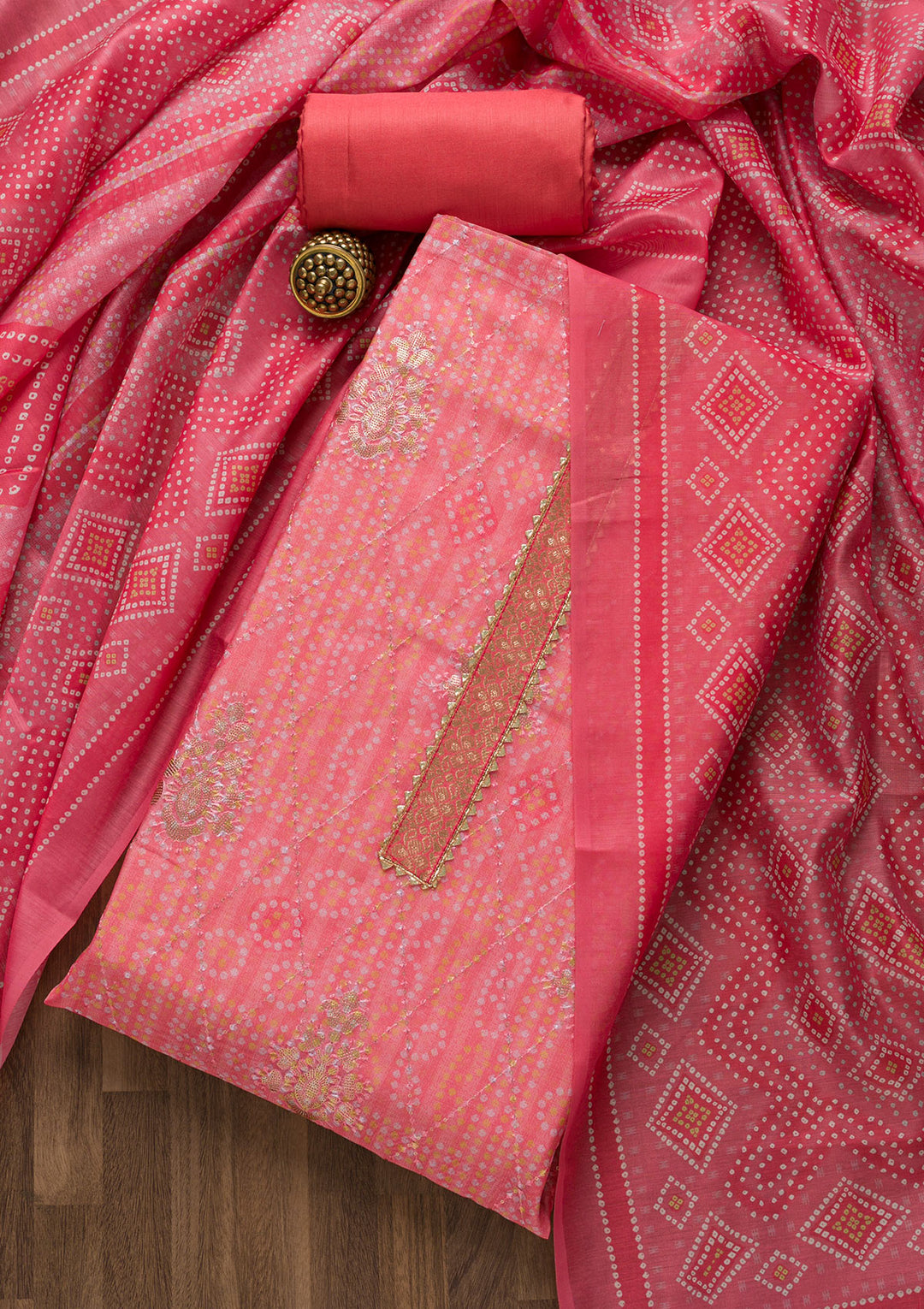 Pink Zariwork Chanderi Unstitched Salwar Suit-Koskii