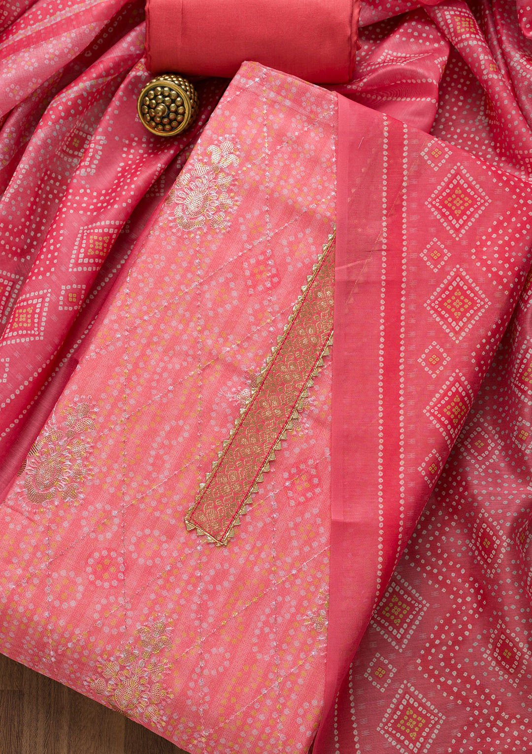 Pink Zariwork Chanderi Unstitched Salwar Suit-Koskii