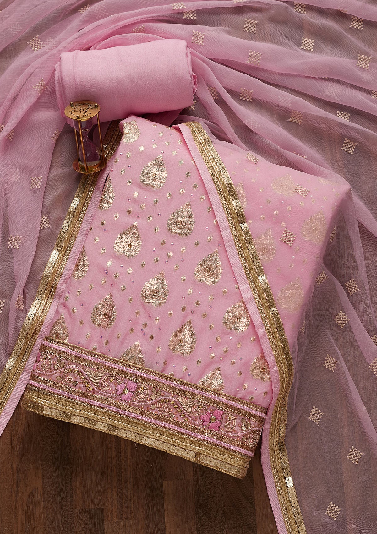 Pink Zariwork Georgette Semi-Stitched Salwar Suit-Koskii