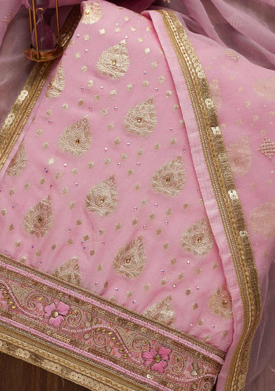 Pink Zariwork Georgette Semi-Stitched Salwar Suit-Koskii