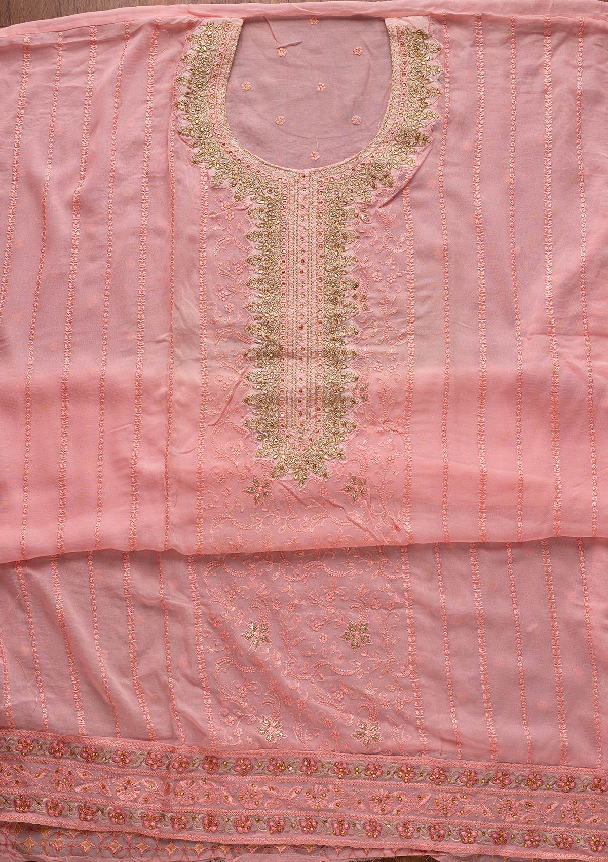 Pink Zariwork Georgette Designer Unstitched Salwar Suit - koskii