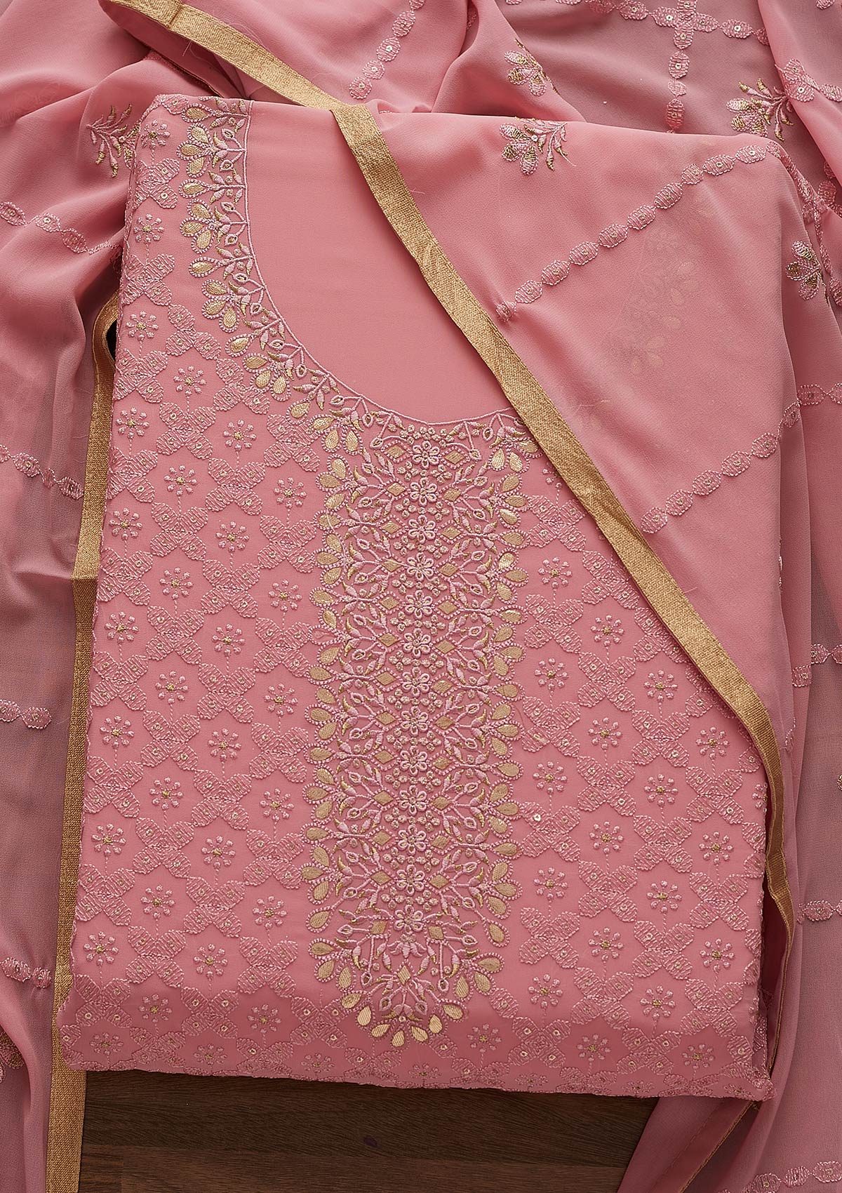 Pink Zariwork Georgette Designer Unstitched Salwar Suit - Koskii