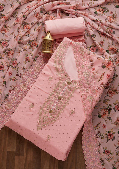 Pink Zariwork Georgette  Unstitched Salwar Suit- Koskii