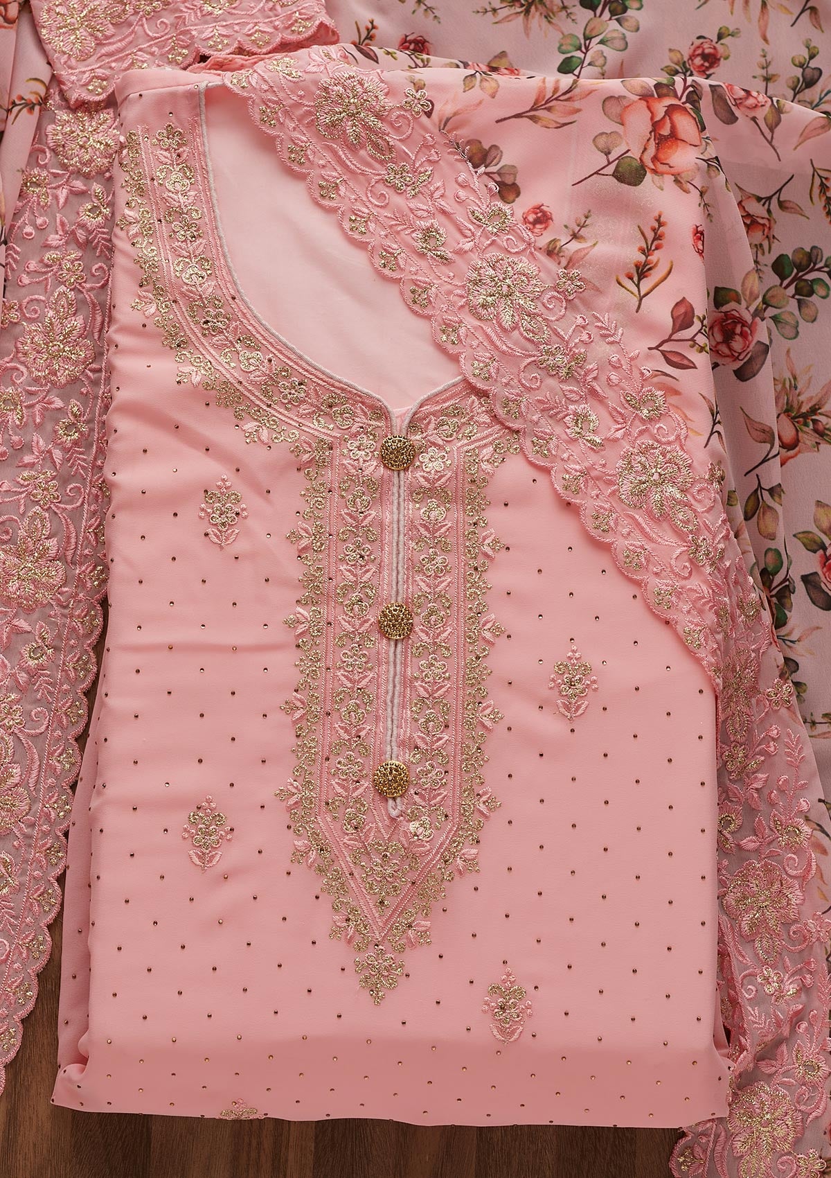 Pink Zariwork Georgette  Unstitched Salwar Suit - Koskii