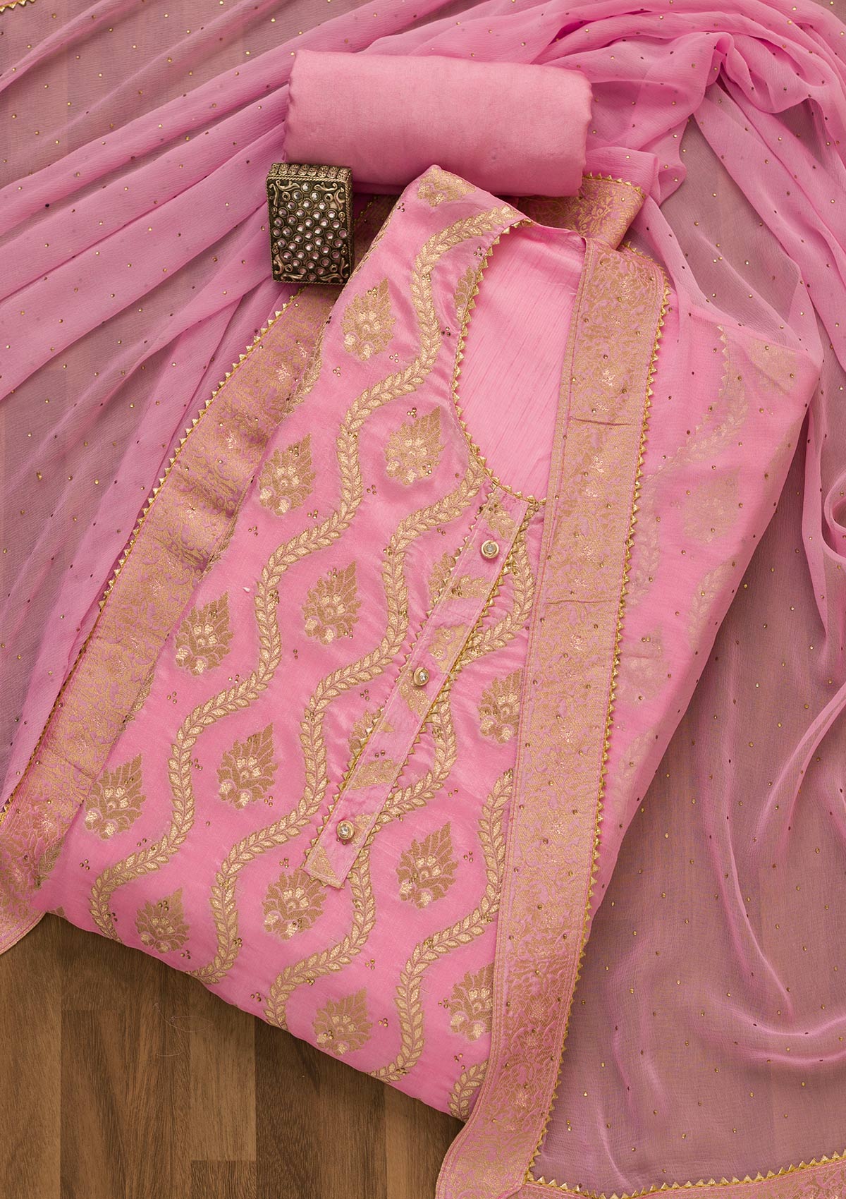 Pink Zari Work Georgette Unstitched Salwar Suit-Koskii