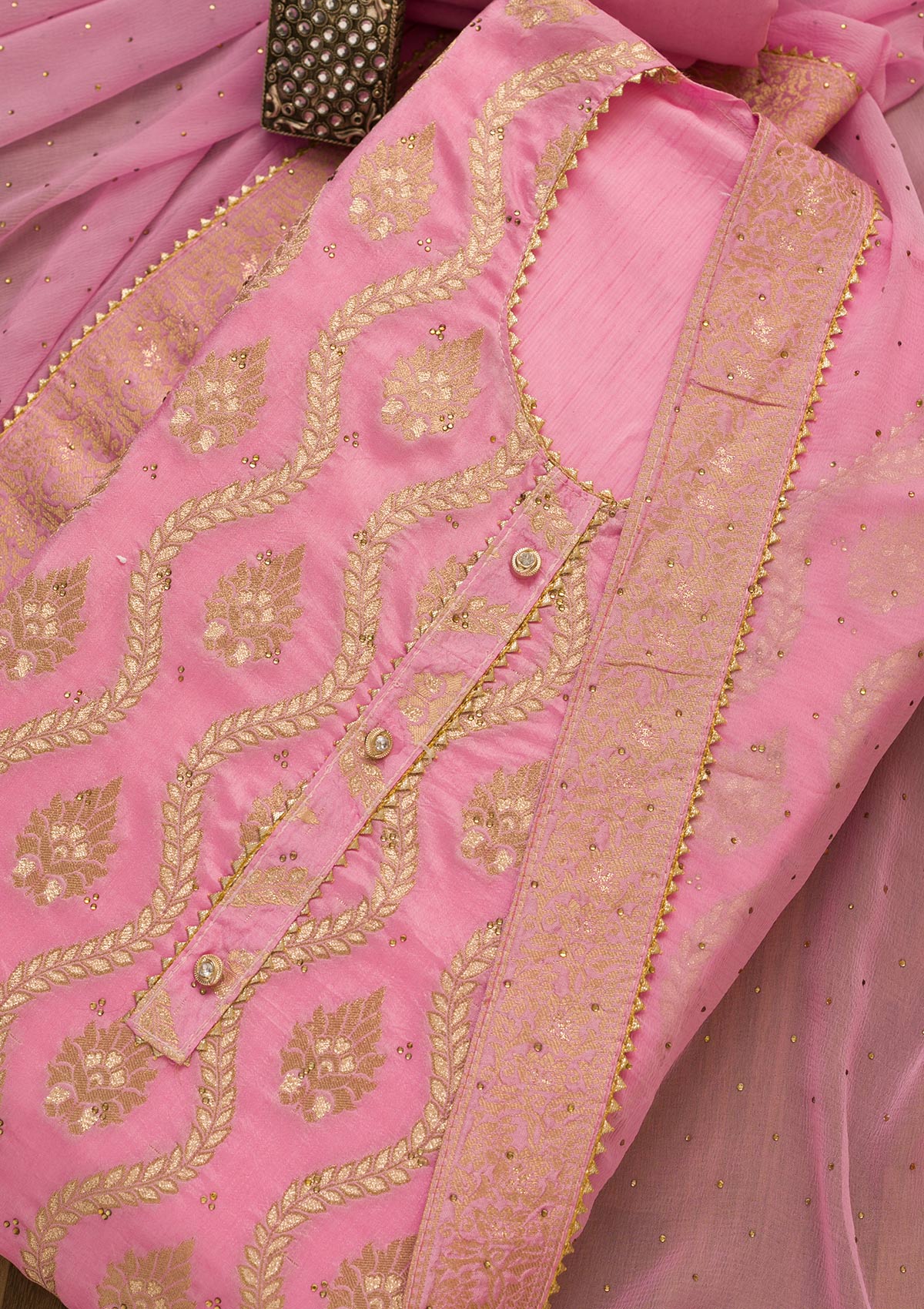 Pink Zariwork Silk Unstitched Salwar Suit-Koskii