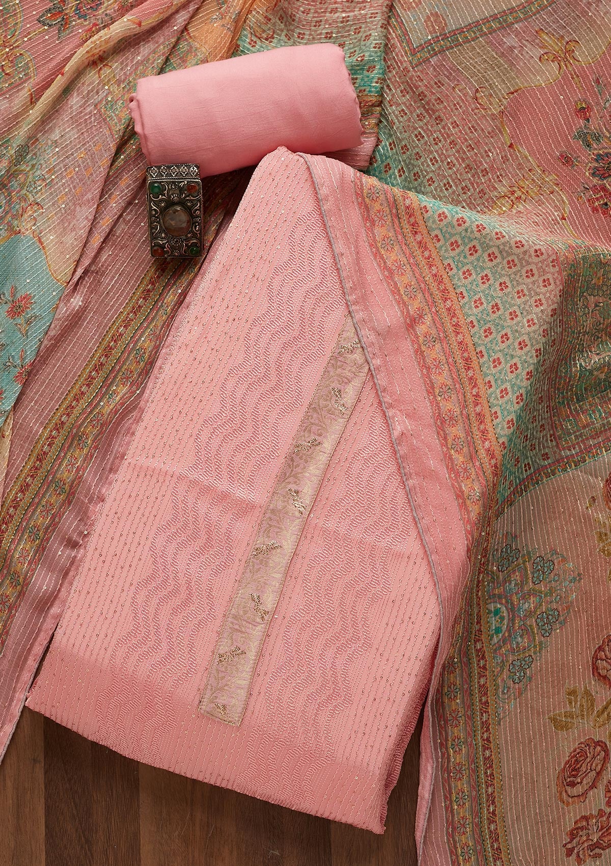 Pink Zariwork Georgette Unstitched Salwar Suit - Koskii