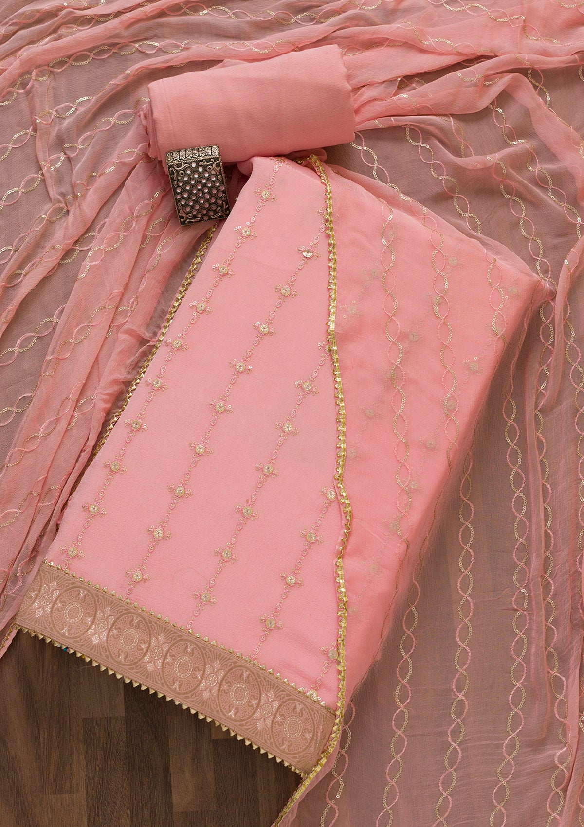 Pink Zariwork Georgette Unstitched Salwar Suit-Koskii