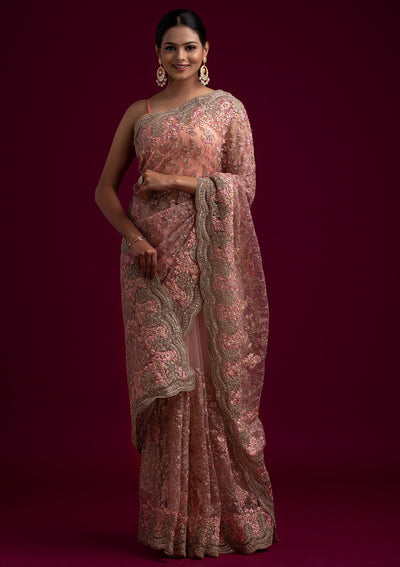 Pink Zariwork Net Designer Saree - koskii