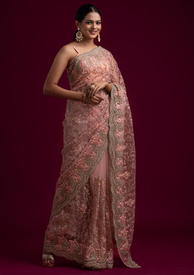 Pink Zariwork Net Designer Saree - koskii