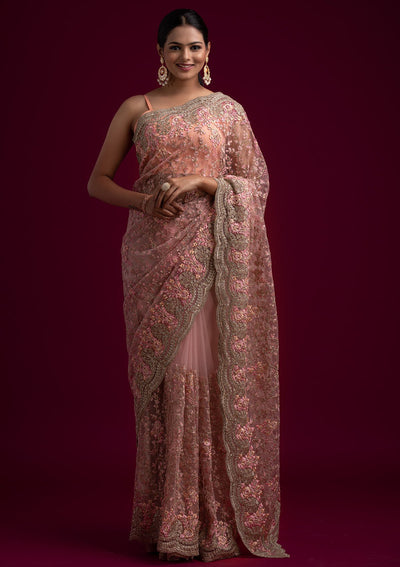 Pink Zariwork Net Designer Saree - koskii