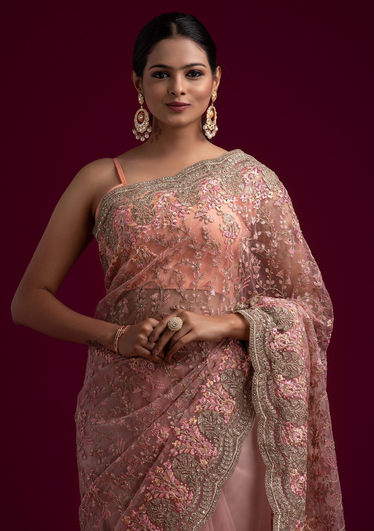 Pink Zariwork Net Designer Saree - koskii