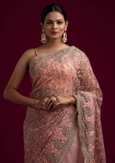 Pink Zariwork Net Designer Saree - koskii