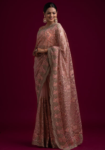 Pink Zariwork Net Designer Saree - koskii