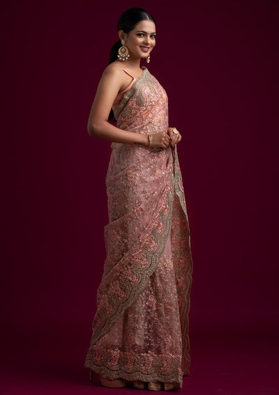 Pink Zariwork Net Designer Saree - koskii
