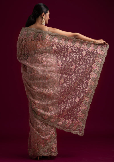 Pink Zariwork Net Designer Saree - koskii
