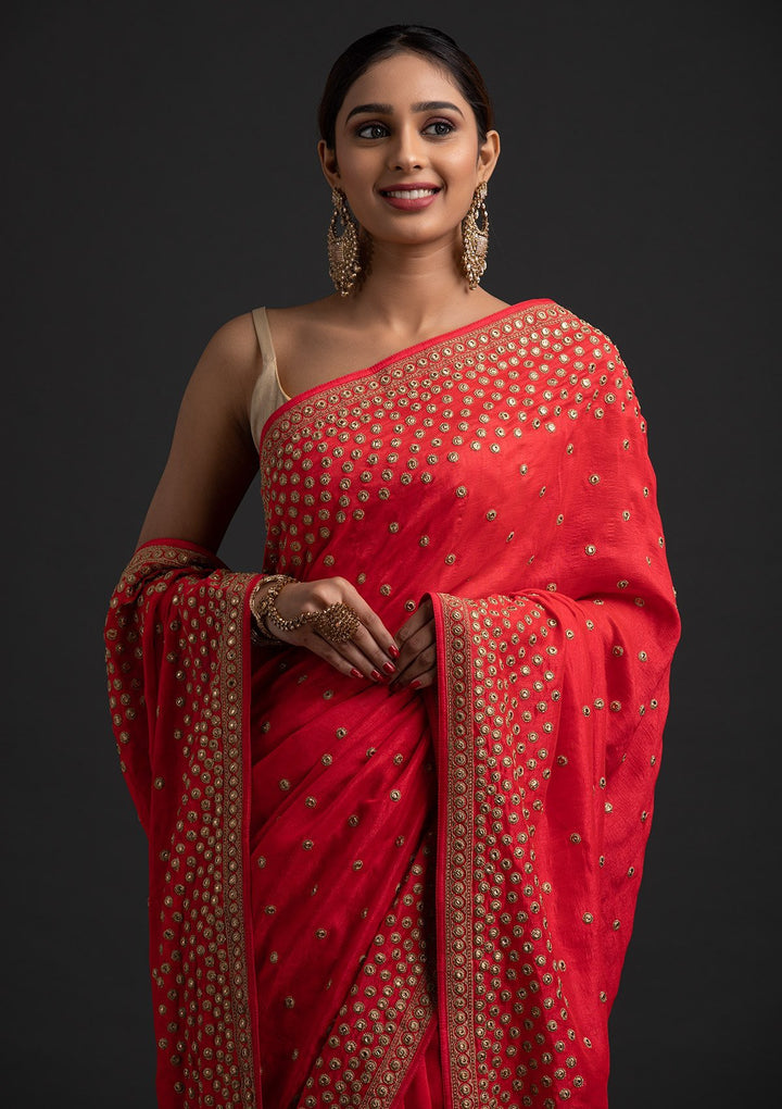 Pink Zariwork Raw Silk Designer Saree - koskii