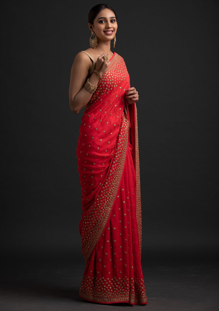 Pink Zariwork Raw Silk Designer Saree - koskii