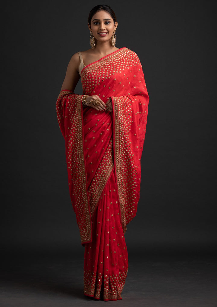 Pink Zariwork Raw Silk Designer Saree - koskii