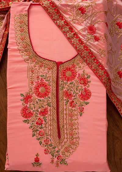 Pink Zariwork Semi Crepe Designer Unstitched Salwar Suit - koskii