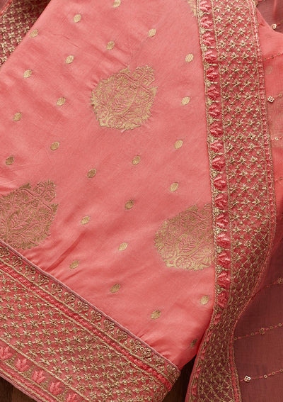 Pink Zariwork Semi Crepe Unstitched Salwar Suit - Koskii