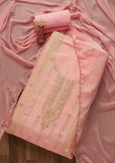 Pink Zariwork Art Silk Unstitched Salwar Suit-Koskii