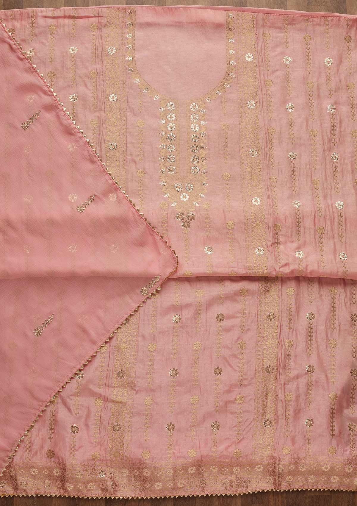 Pink Zariwork Art Silk Unstitched Salwar Suit-Koskii
