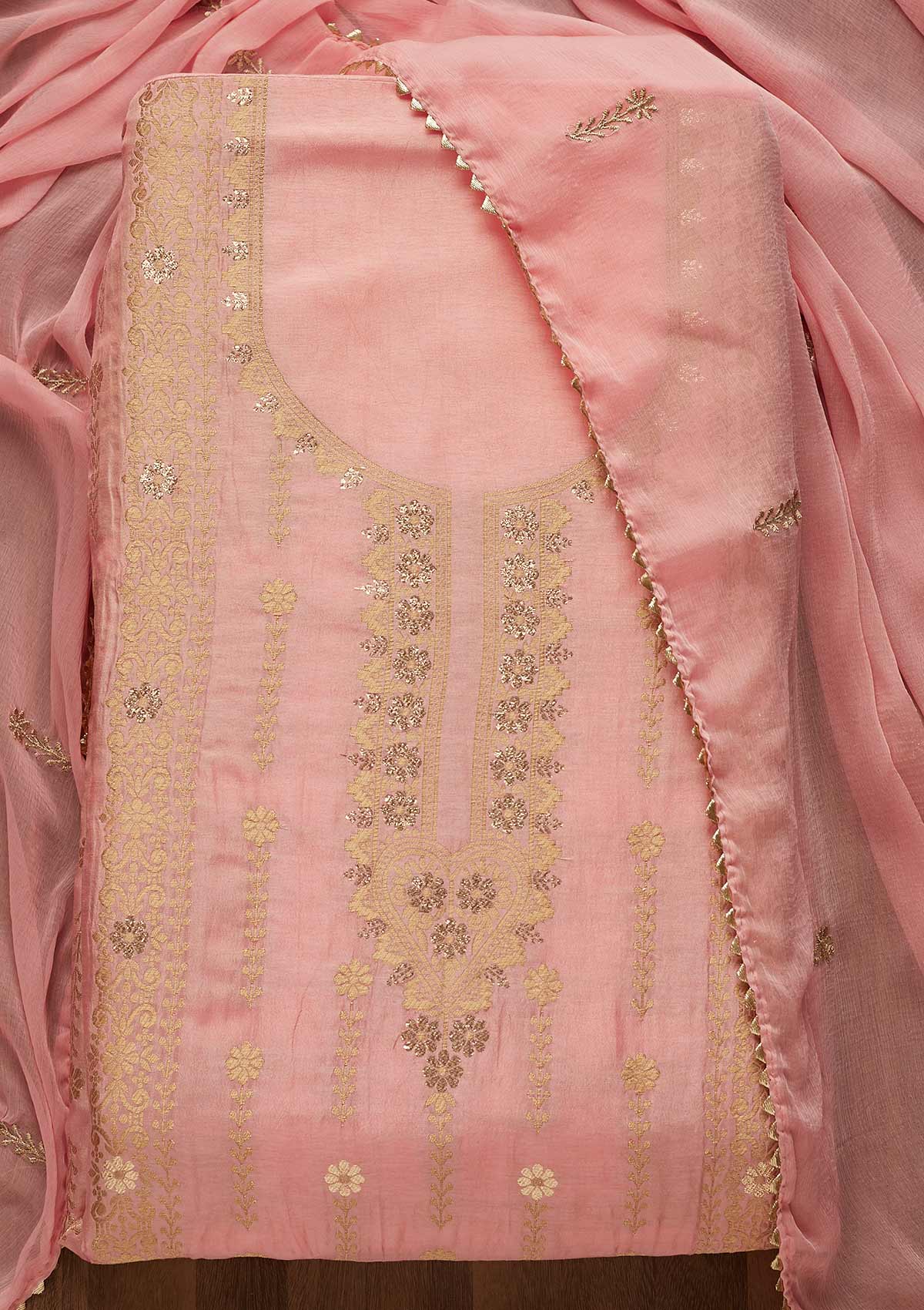 Pink Zariwork Art Silk Unstitched Salwar Suit-Koskii