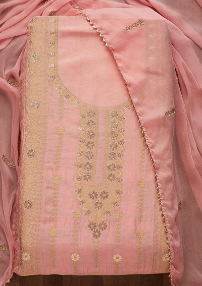 Pink Zariwork Art Silk Unstitched Salwar Suit-Koskii