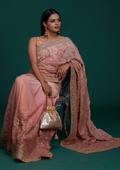 Pink Zariwork Semi Crepe Saree - Koskii