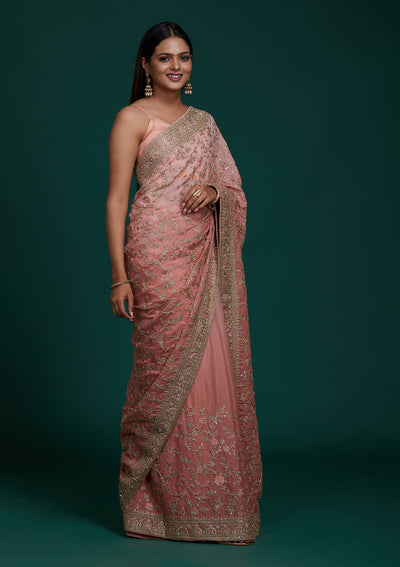 Pink Zariwork Semi Crepe Saree - Koskii