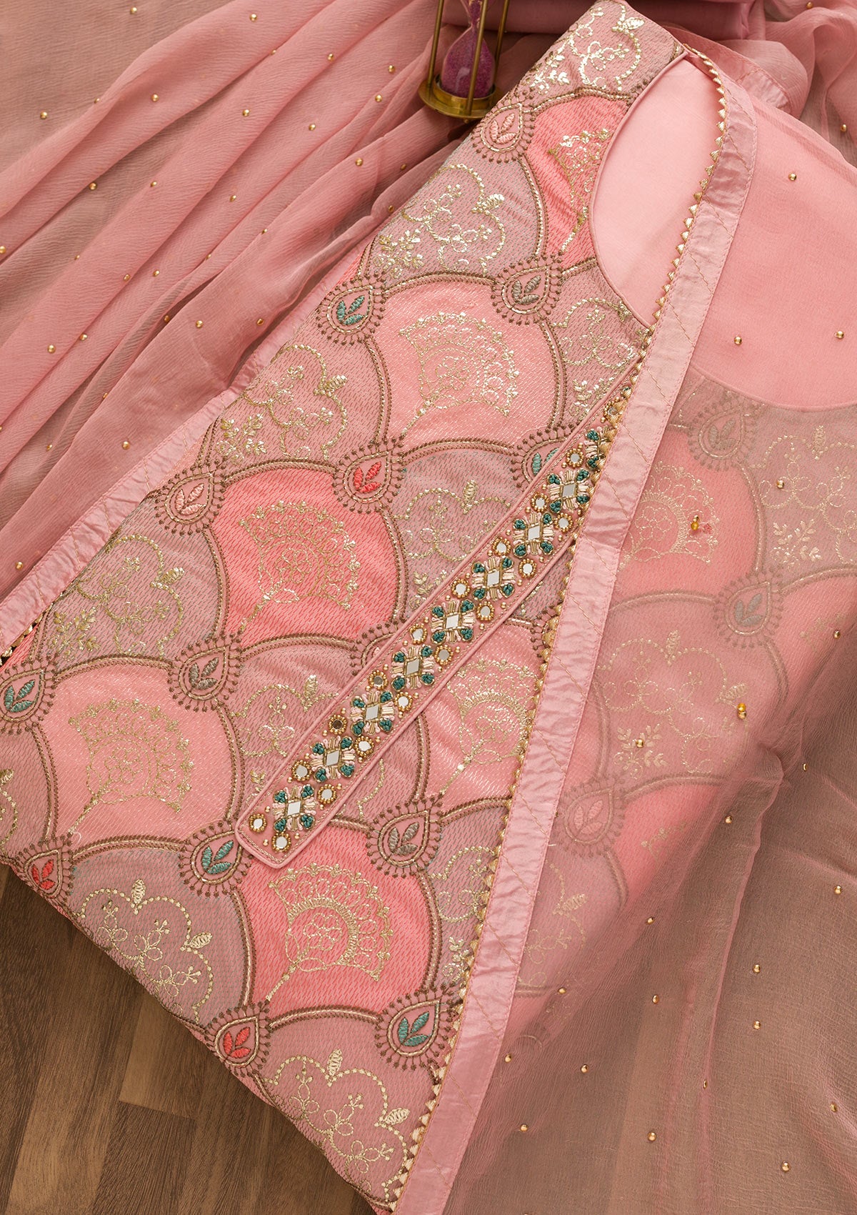 Pink Zariwork Poly Chanderi Unstitched Salwar Suit-Koskii