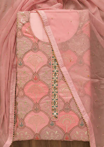 Pink Zariwork Poly Chanderi Unstitched Salwar Suit-Koskii