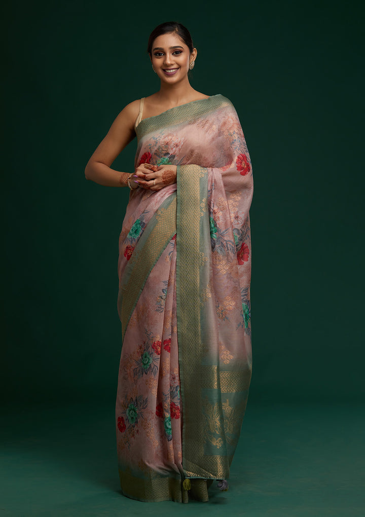 Pink Zariwork Taffeta Silk Saree- Koskii