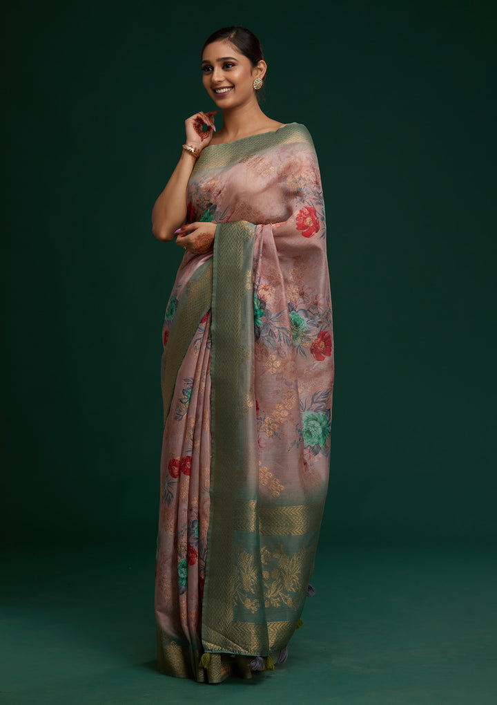 Pink Zariwork Taffeta Silk Saree - Koskii