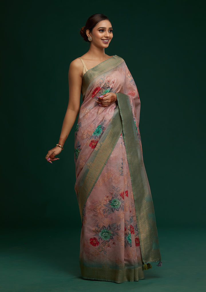 Pink Zariwork Taffeta Silk Saree - Koskii