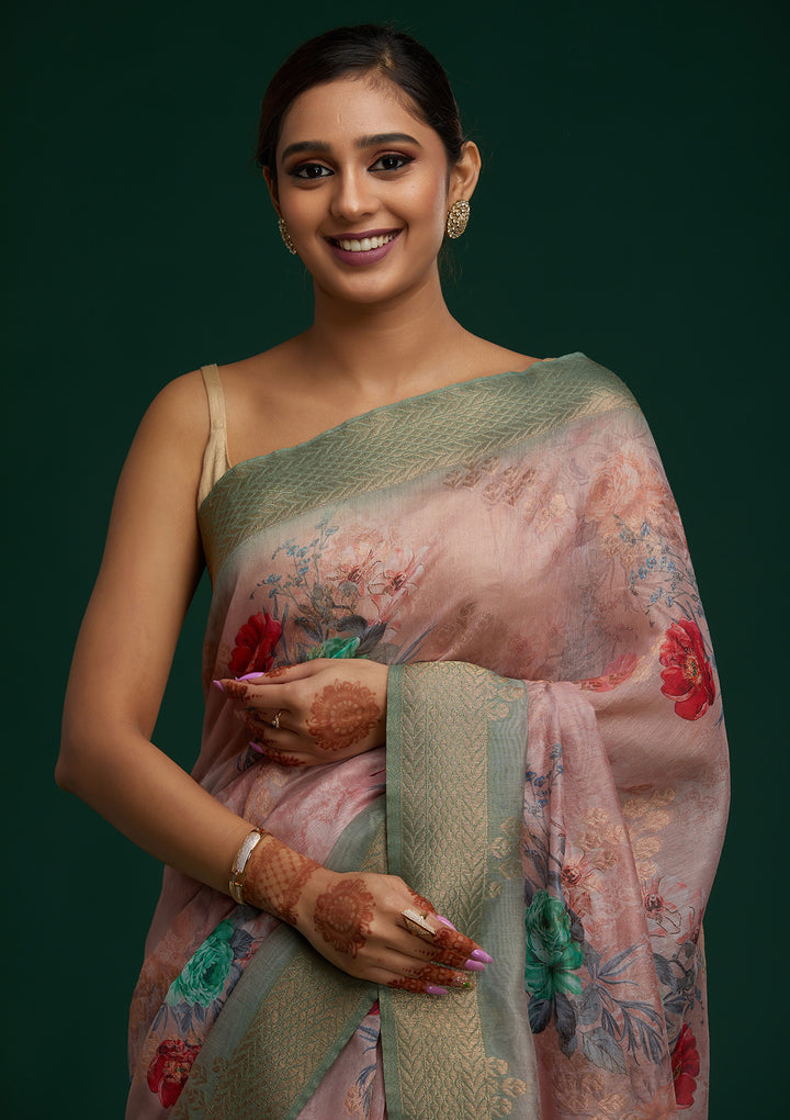 Pink Zariwork Taffeta Silk Saree - Koskii