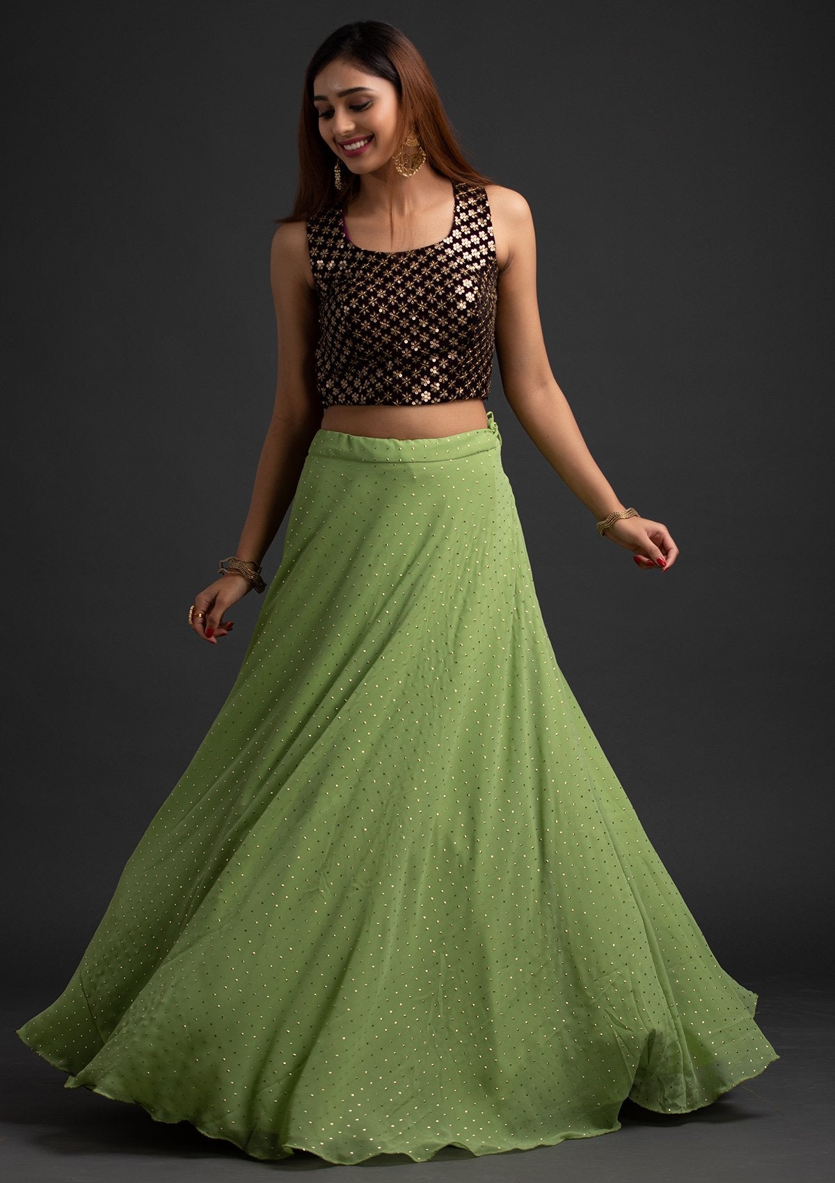 Pista Green Badla Georgette Designer Skirt - koskii