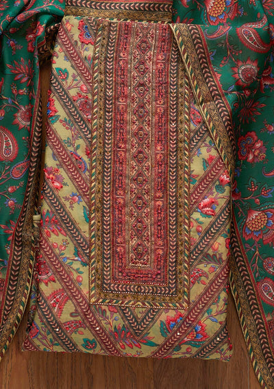 Pista Green Cutdana Art Silk Designer Unstitched Salwar Suit - koskii