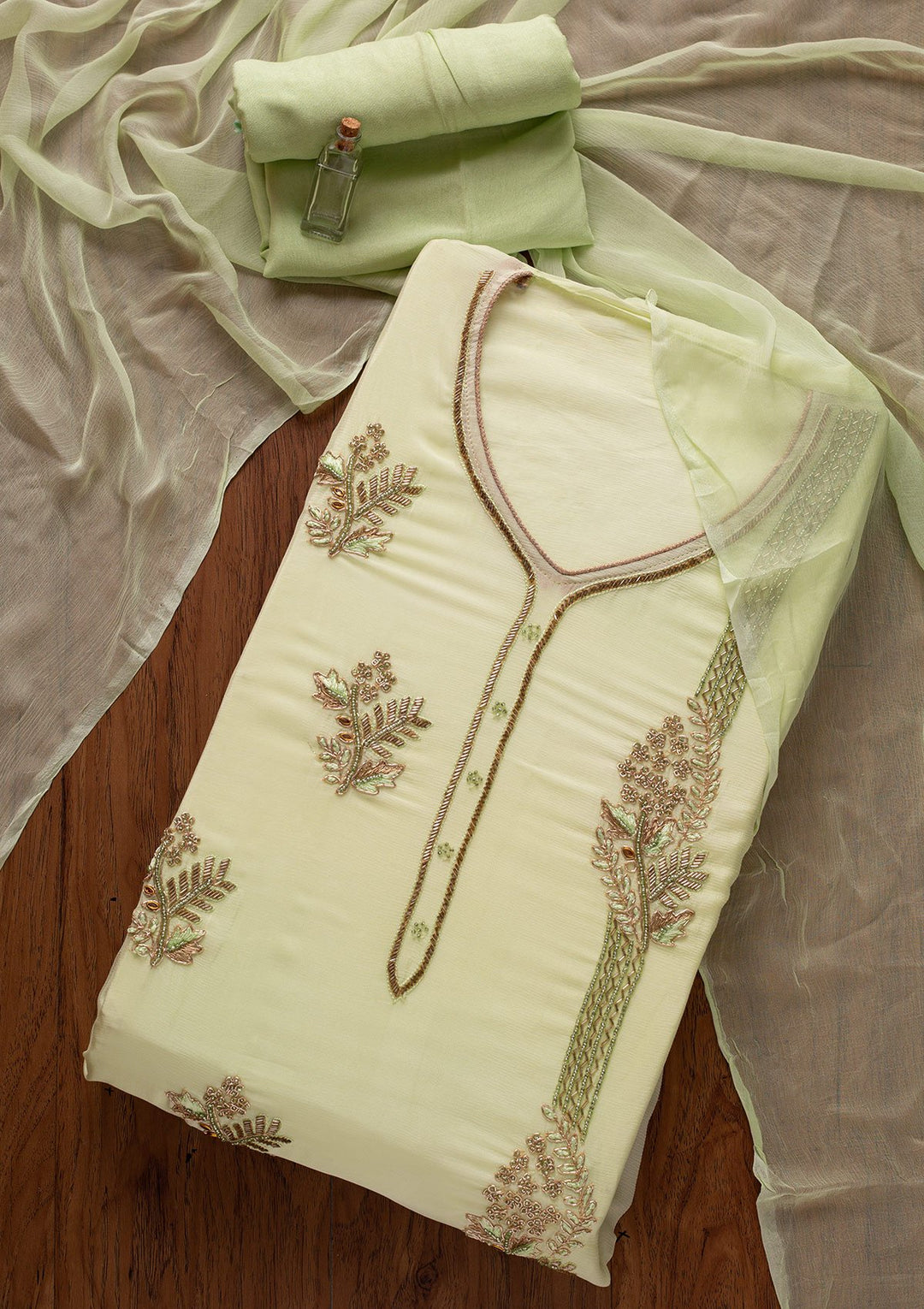 Pista Green Cutdana Semi Crepe Designer Unstitched Salwar Suit - koskii