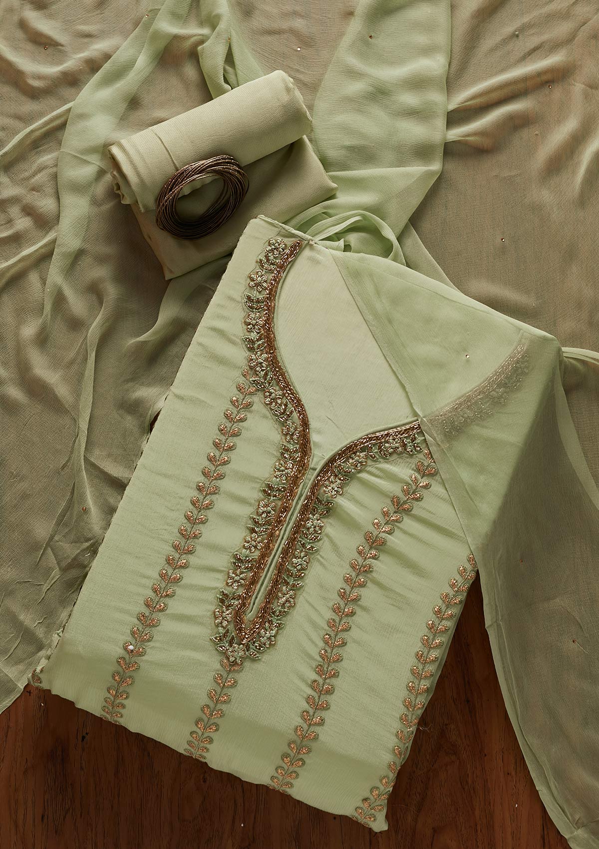 Pista Green Cutdana Semi Crepe Designer Unstitched Salwar Suit - koskii