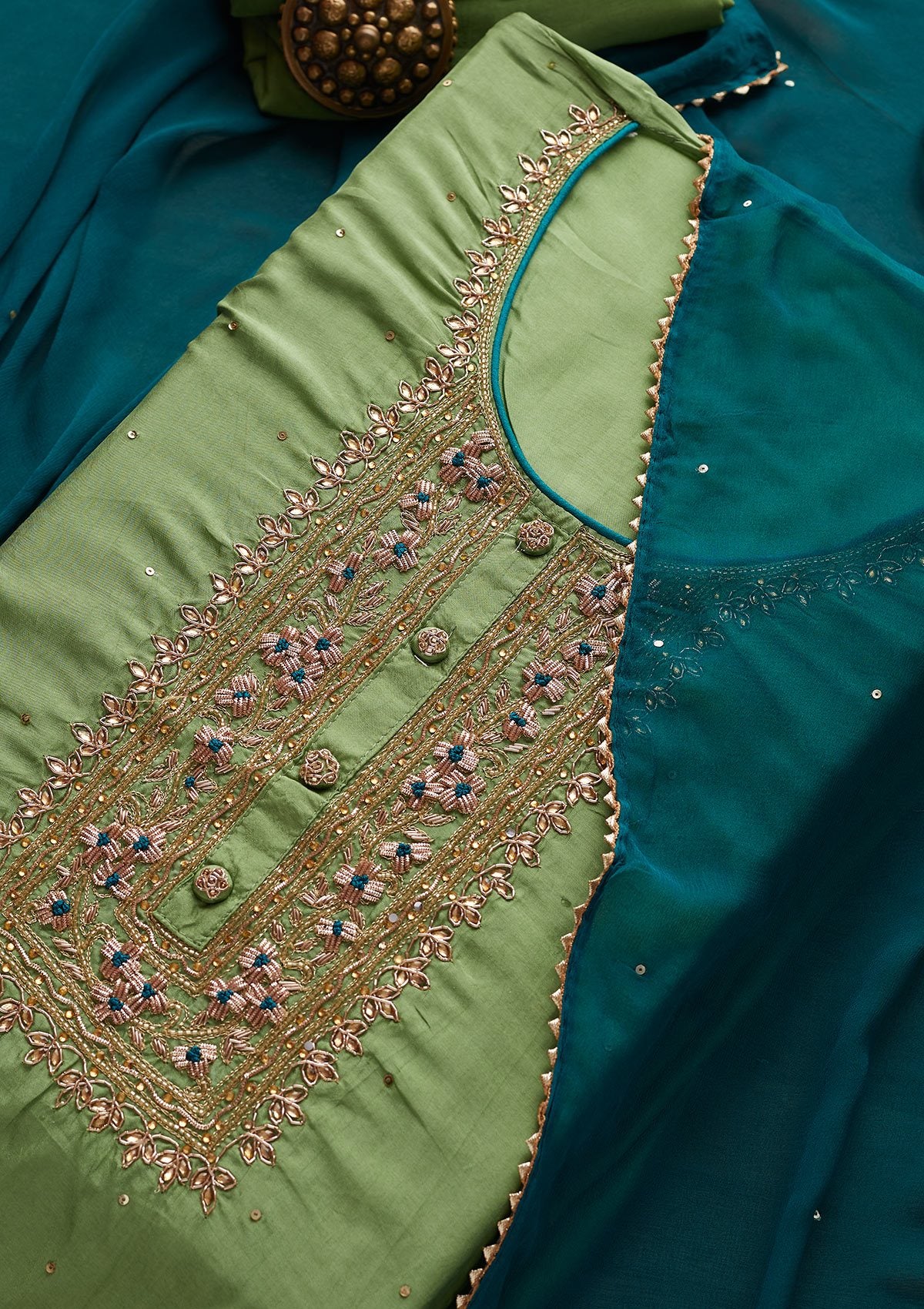 Pista Green Cutdana Semi Crepe Designer Unstitched Salwar Suit - Koskii
