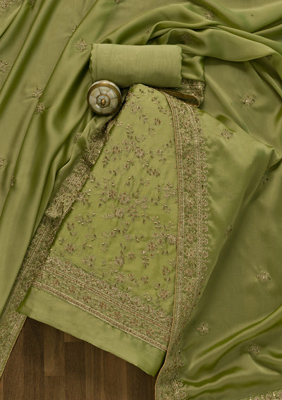 Pista Green Cutdana Semi Crepe Unstitched Salwar Suit-Koskii