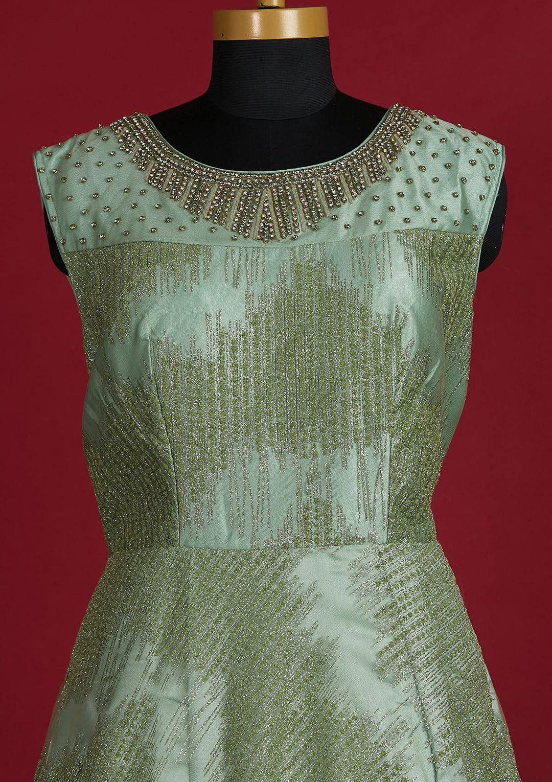 Pista Green Glitter Net Designer Gown - Koskii