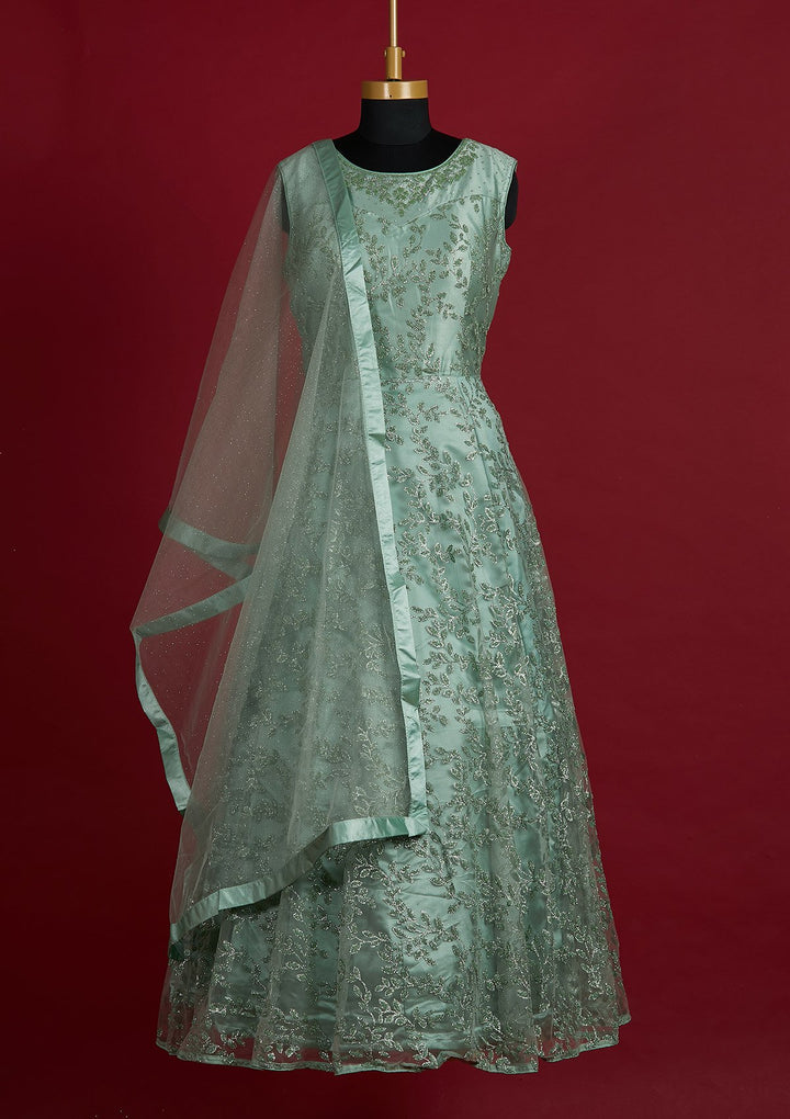 Pista Green Glitter Net Designer Gown - Koskii