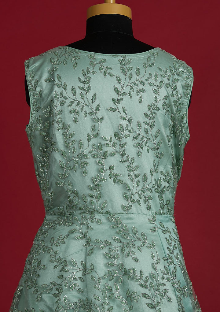 Pista Green Glitter Net Designer Gown - Koskii
