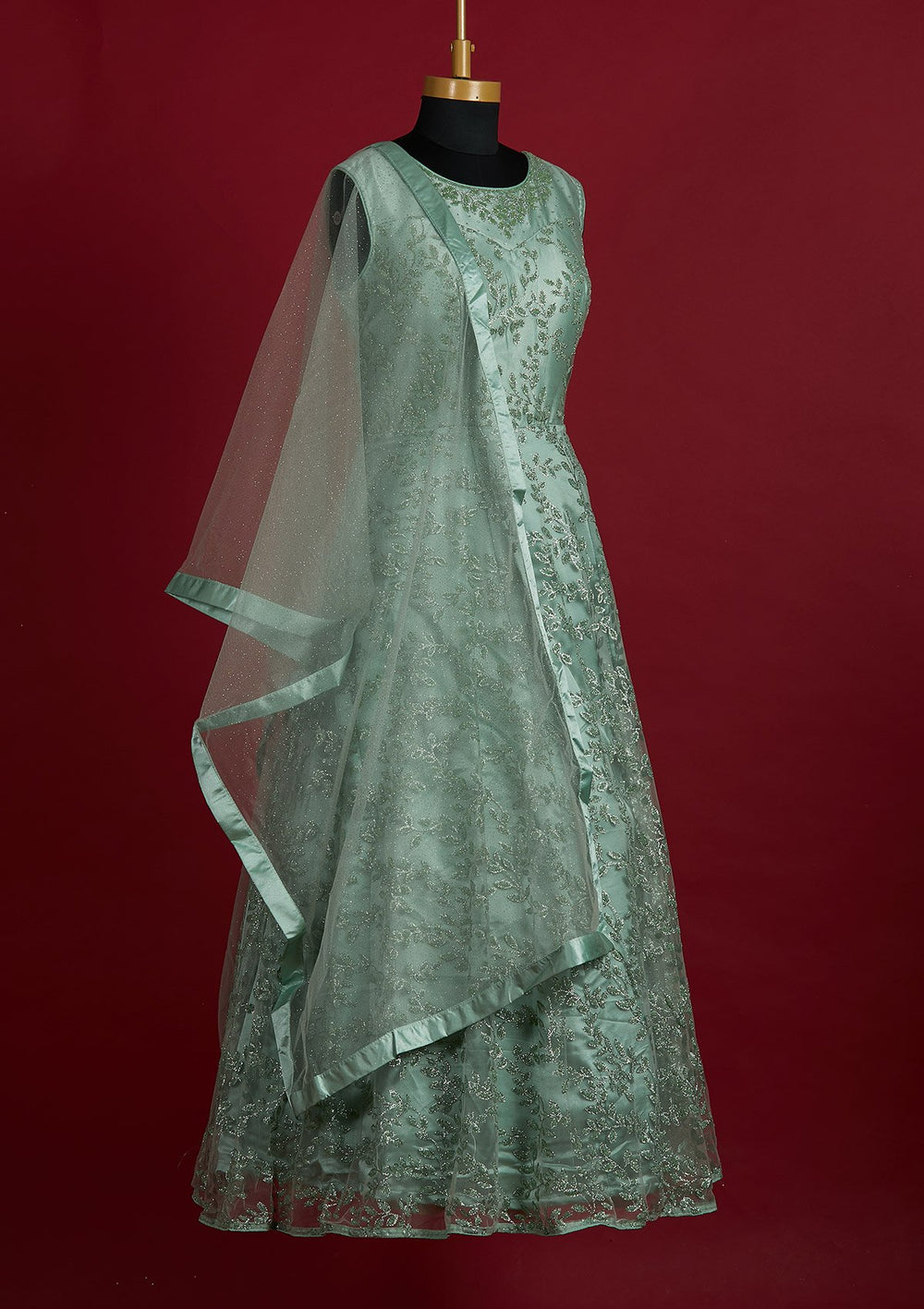 Pista Green Glitter Net Designer Gown - Koskii
