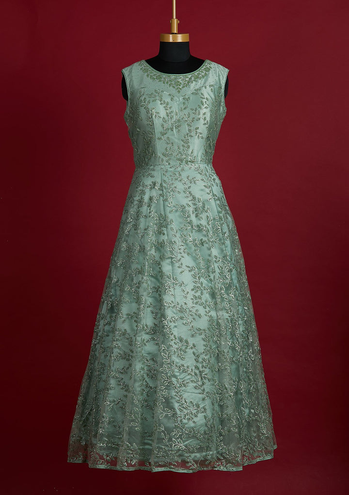 Pista Green Glitter Net Designer Gown - Koskii